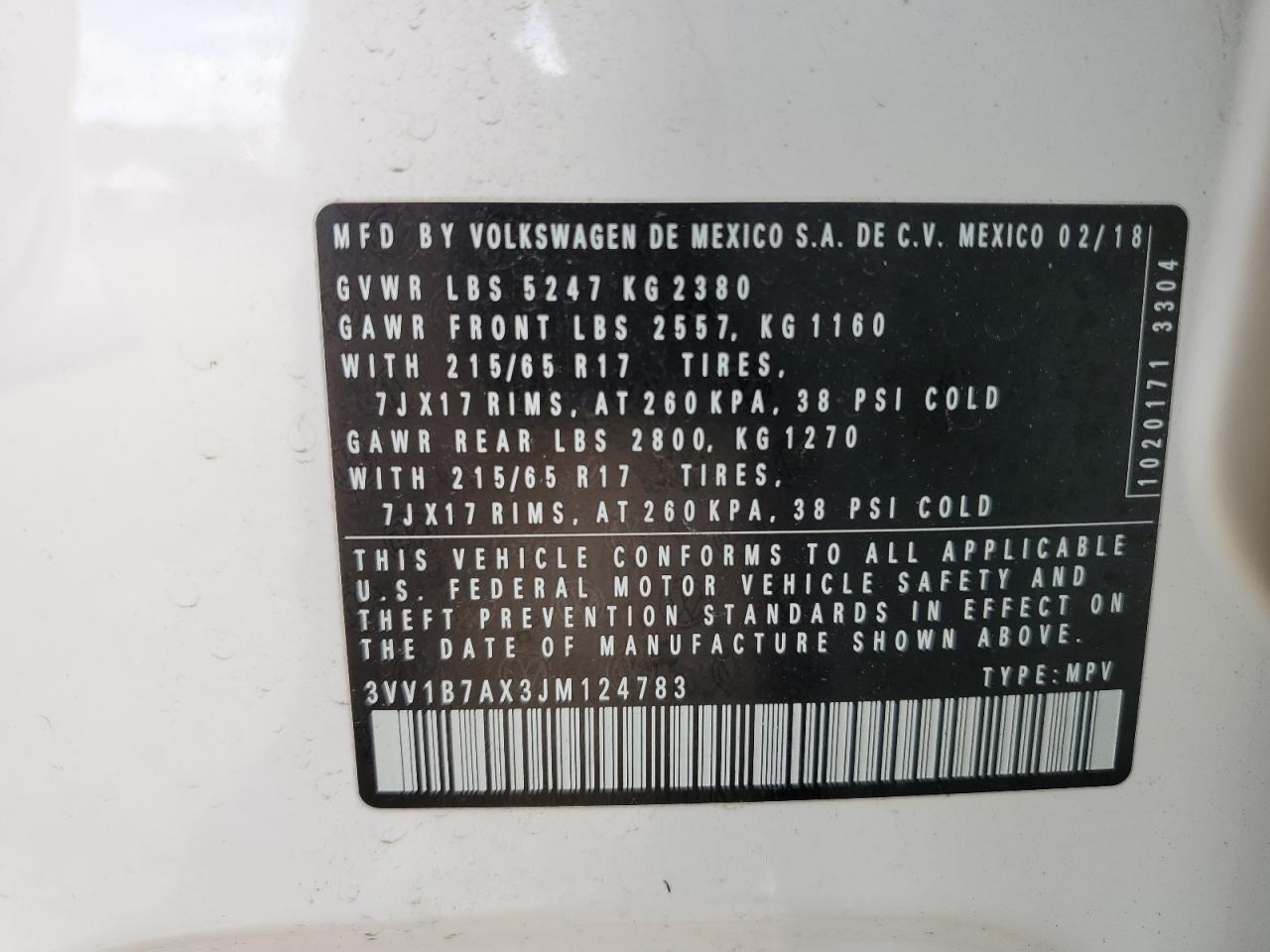 2018 Volkswagen Tiguan VIN 3VV1B7AX3JM124783 Copart auction photo, front end / side damage thumbnail 16