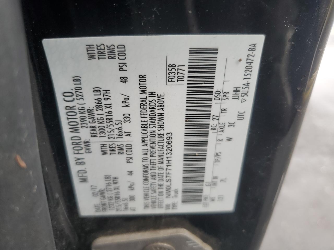 2017 Ford Transit VIN NM0LS7F71H1320693 Copart auction photo, front end damage thumbnail 15