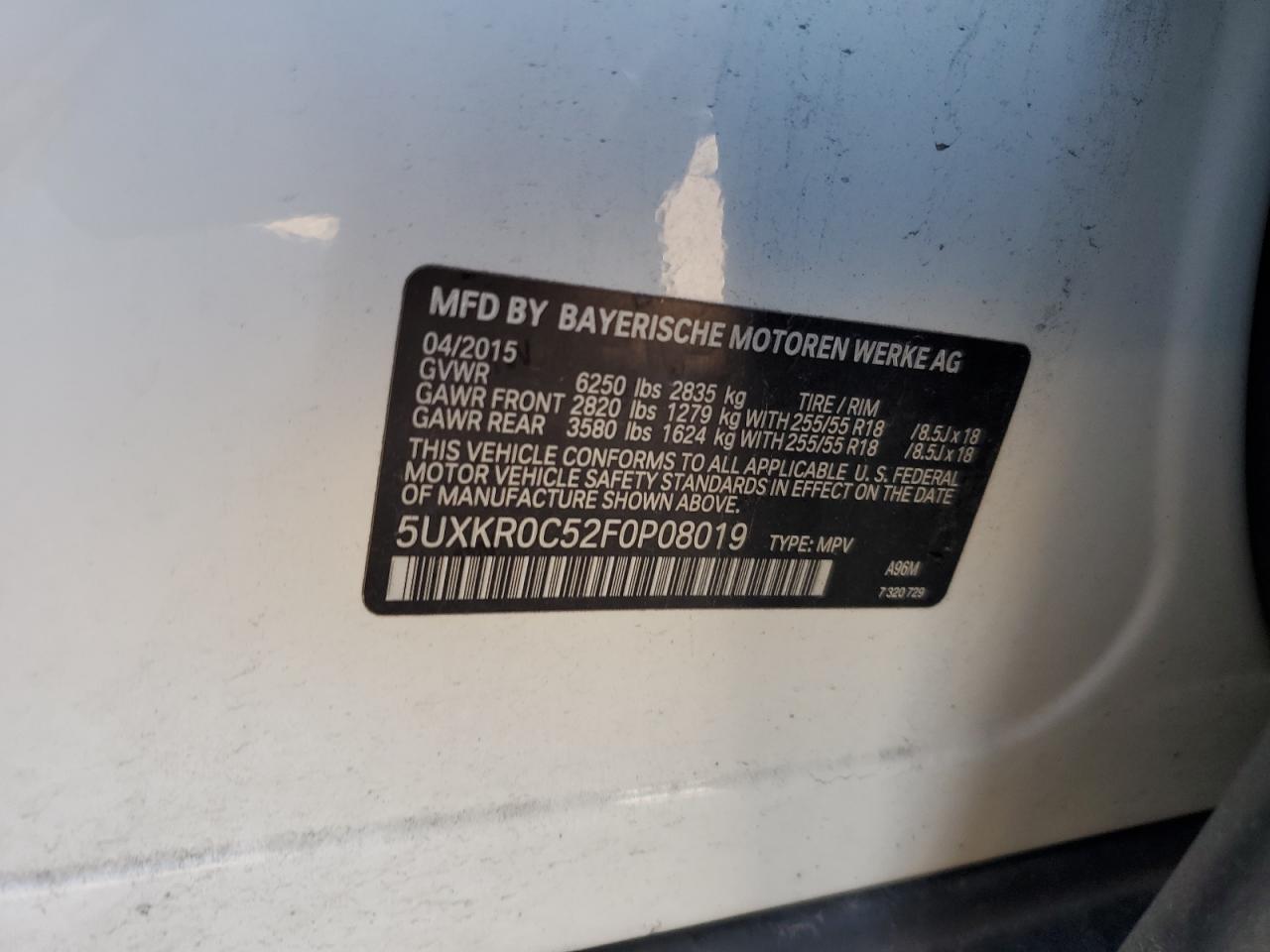 2015 BMW X5 VIN 5UXKR0C52F0P08019 Copart auction photo, front end damage thumbnail 13