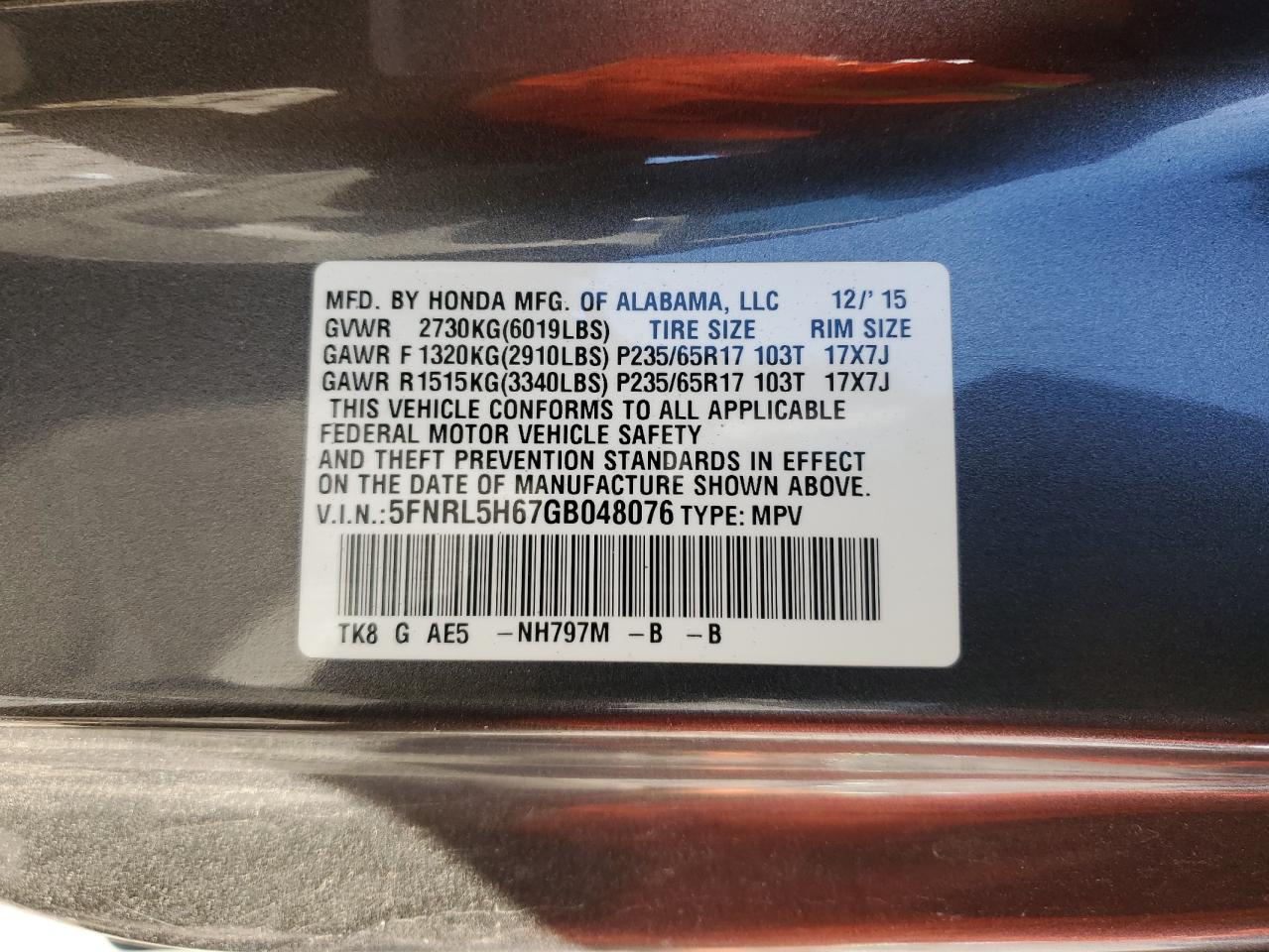 2016 Honda Odyssey VIN 5FNRL5H67GB048076 Copart auction photo, rear end damage thumbnail 13