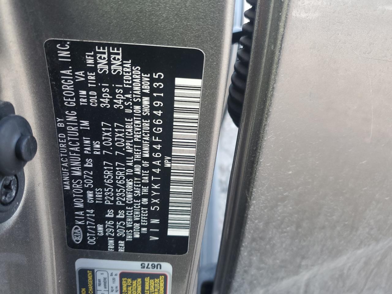 2015 KIA Sorento VIN 5XYKT4A64FG649135 Copart auction photo, vandalism damage thumbnail 13