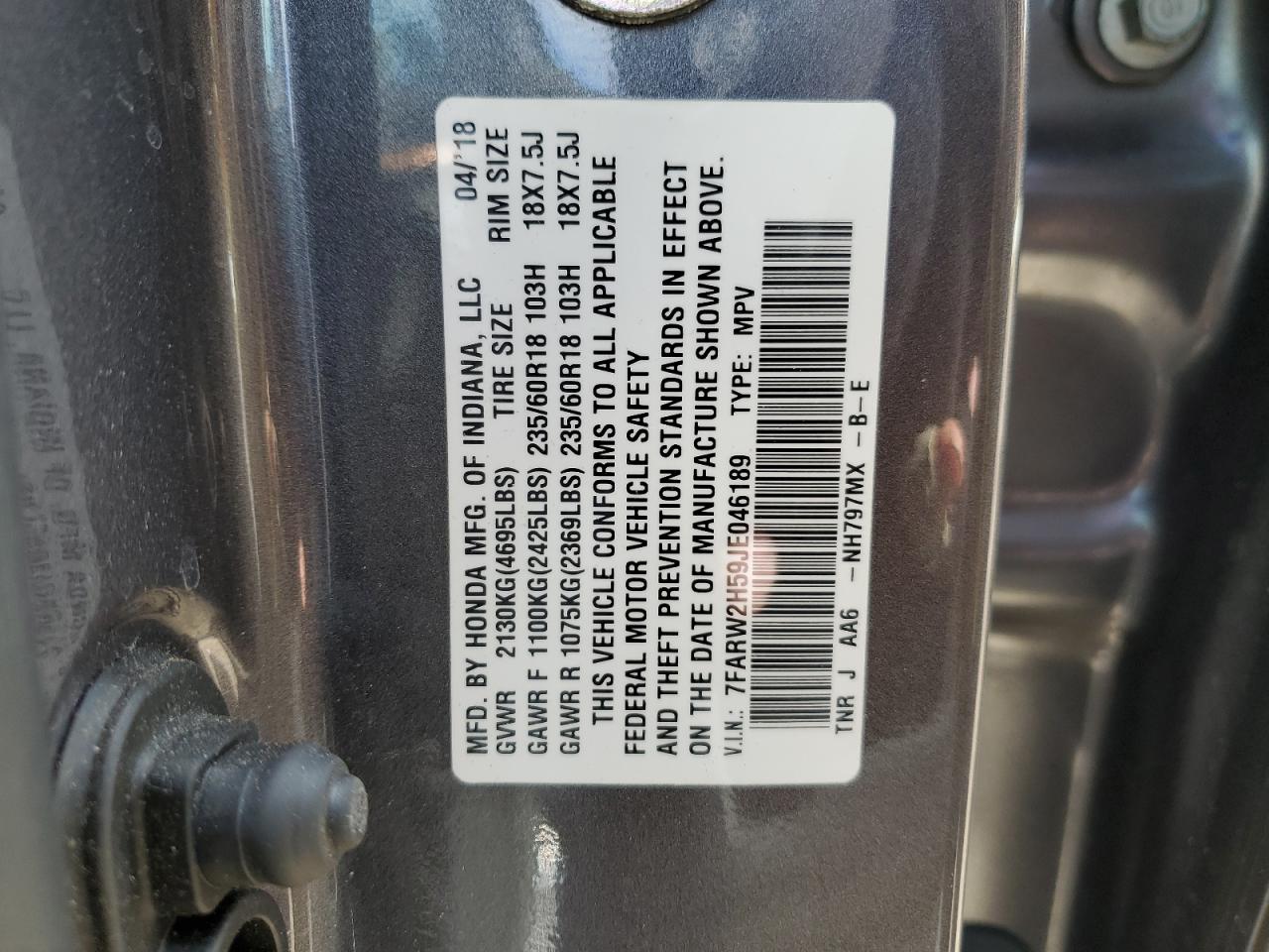 2018 Honda CR-V VIN 7FARW2H59JE046189 Copart auction photo, front end / rear end damage thumbnail 15