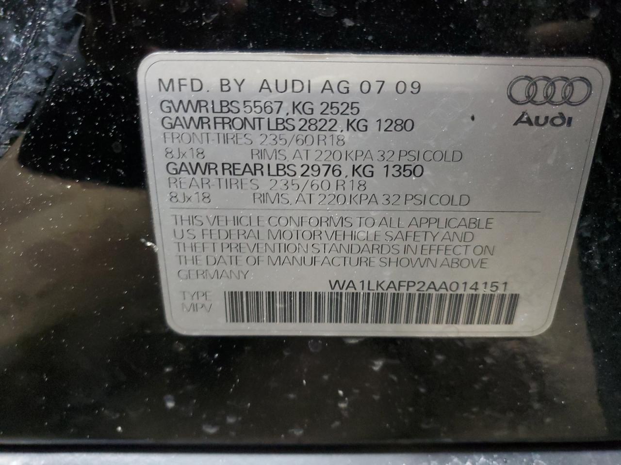 2010 Audi Q5 VIN WA1LKAFP2AA014151 Copart auction photo, front end damage thumbnail 15