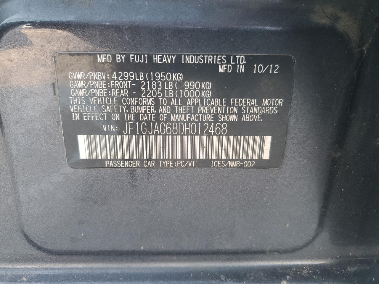2013 Subaru Impreza VIN JF1GJAG68DH012468 Copart auction photo, front end damage thumbnail 12