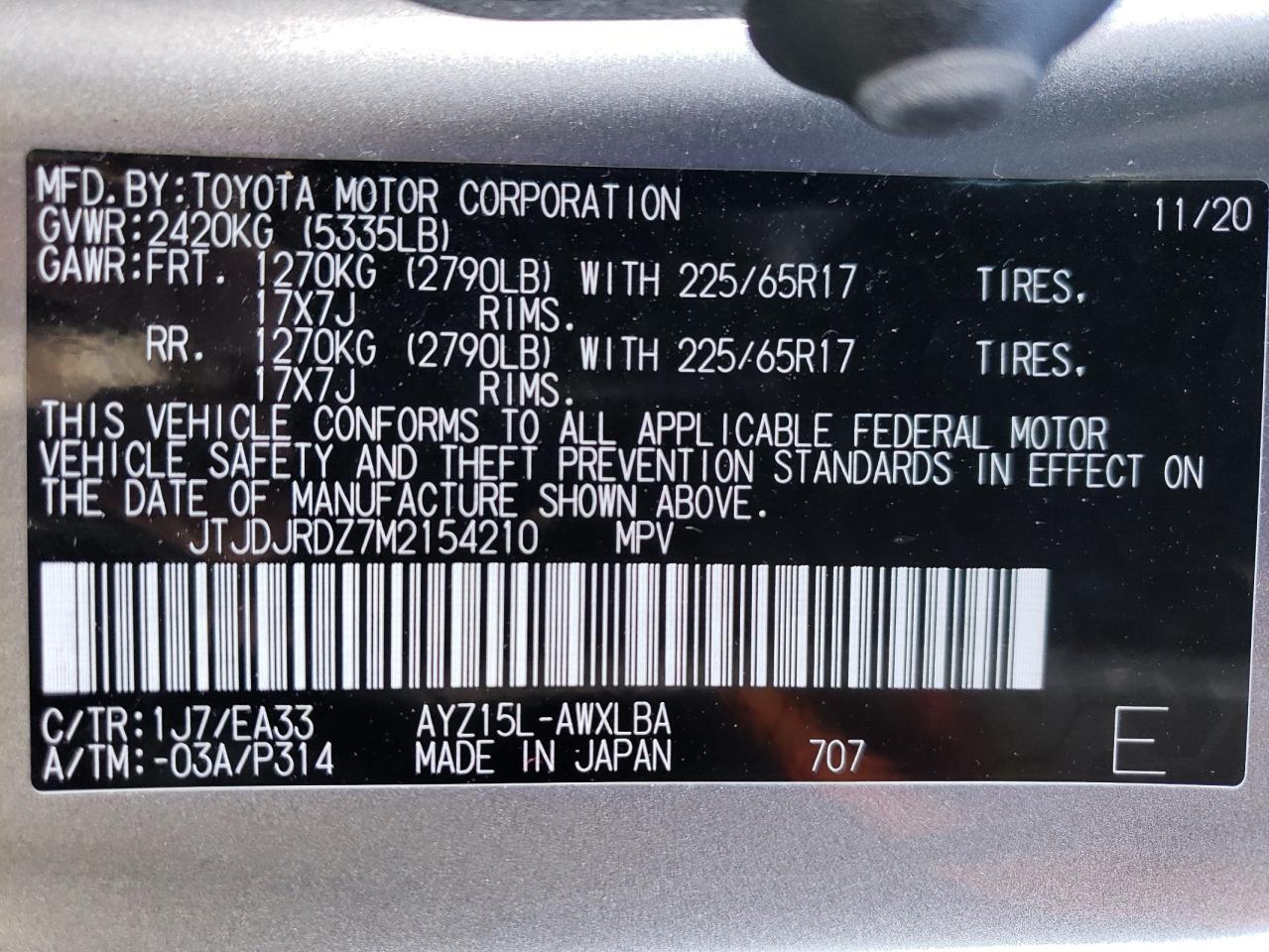 2021 Lexus NX VIN JTJDJRDZ7M2154210 Copart auction photo, rear end / side damage thumbnail 14