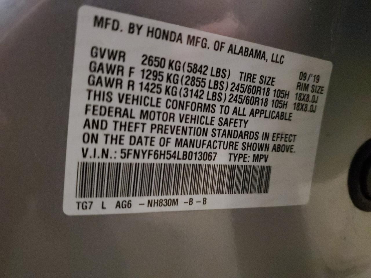 2020 Honda Pilot VIN 5FNYF6H54LB013067 Copart auction photo, rear end damage thumbnail 15