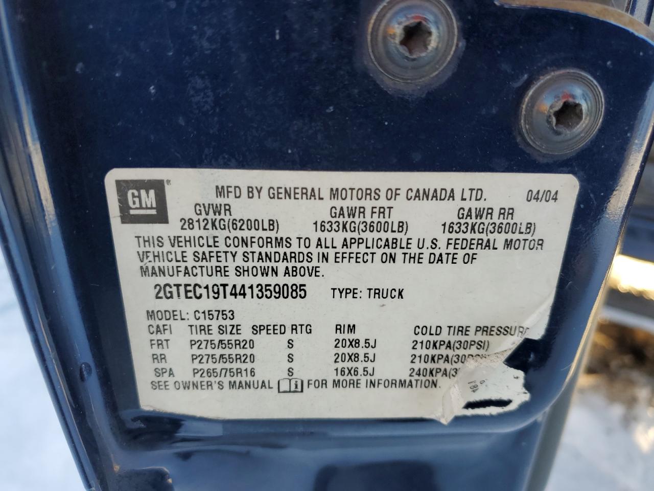 2004 GMC Sierra VIN 2GTEC19T441359085 Copart auction photo, front end damage thumbnail 12