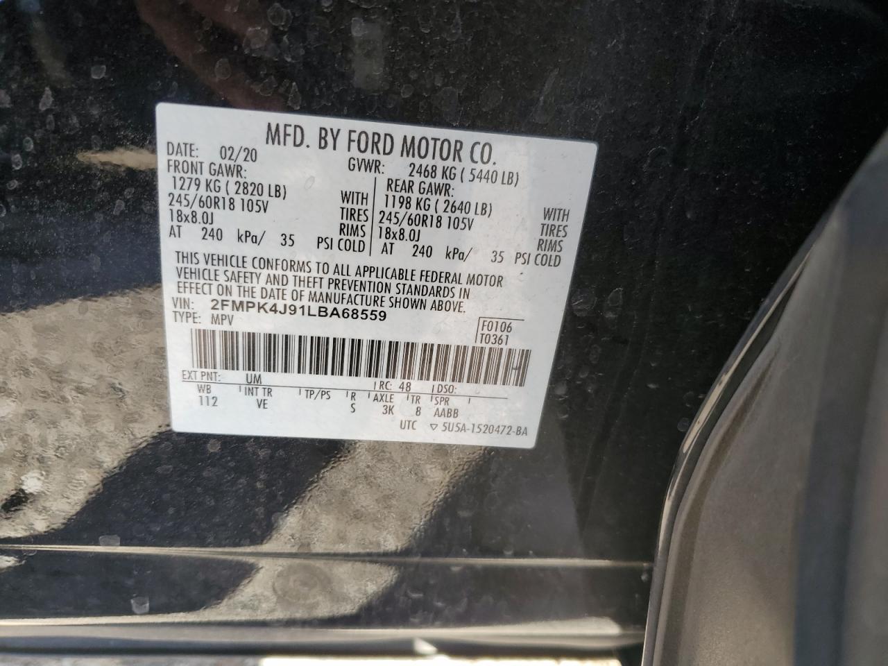 2020 Ford Edge VIN 2FMPK4J91LBA68559 Copart auction photo, front end / rear end damage thumbnail 13