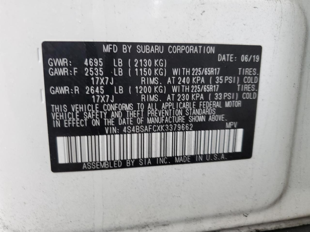 2019 Subaru Outback VIN 4S4BSAFCXK3379662 Copart auction photo, front end damage thumbnail 13