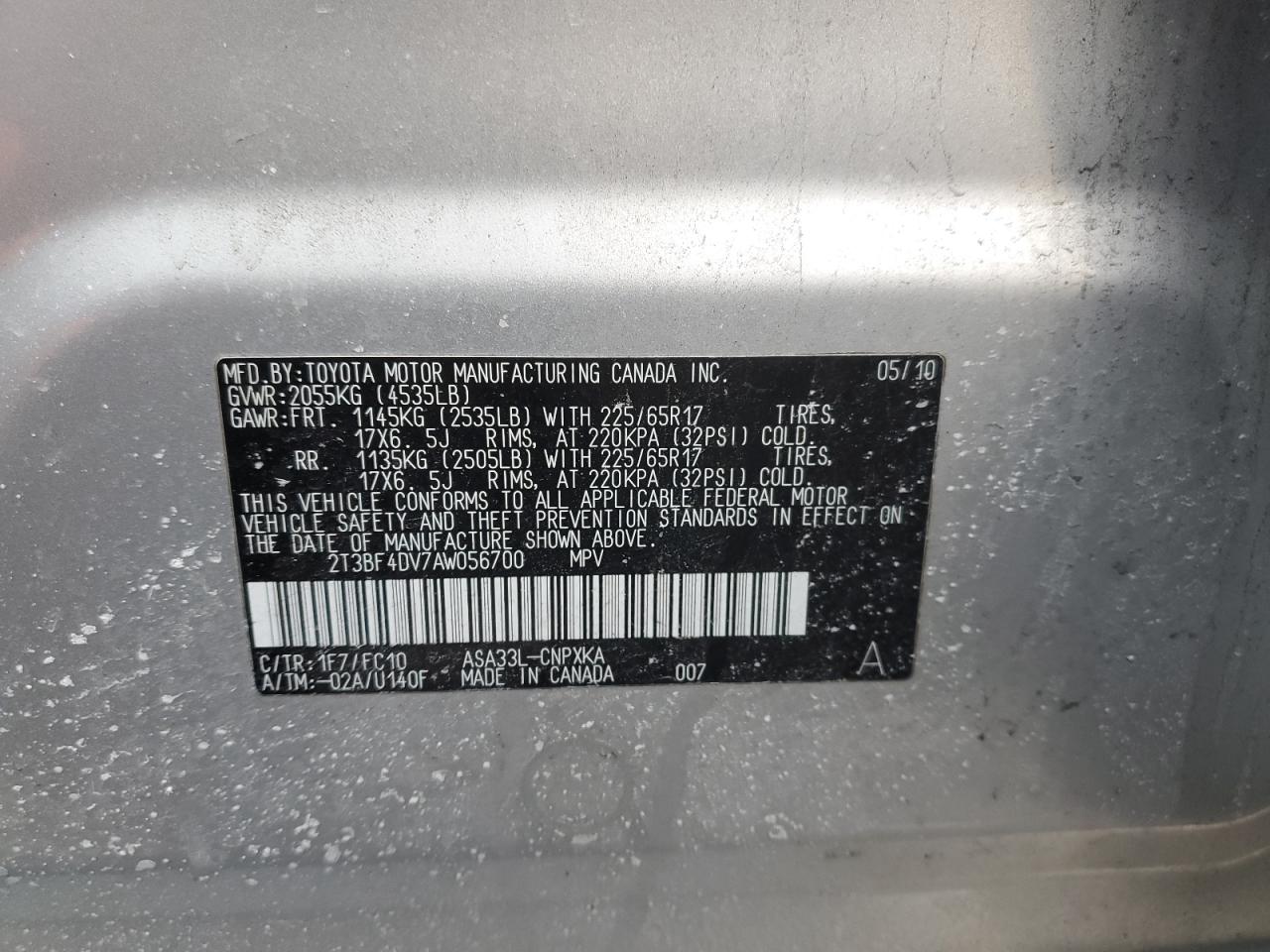 2010 Toyota RAV 4 VIN 2T3BF4DV7AW056700 Copart auction photo, rear end damage thumbnail 13