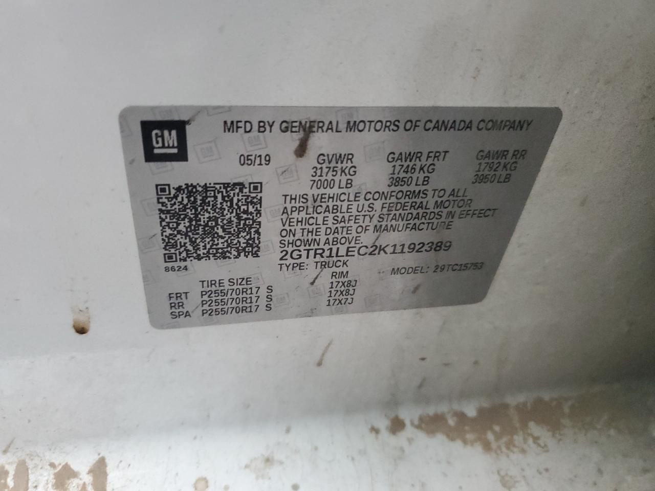 2019 GMC Sierra VIN 2GTR1LEC2K1192389 Copart auction photo, front end damage thumbnail 14