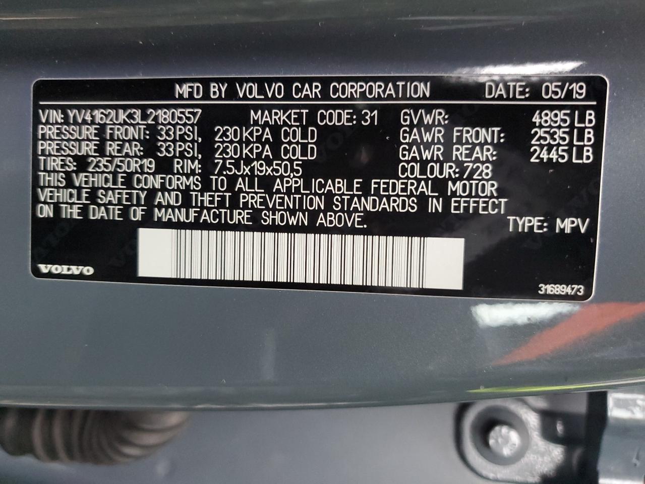 2020 Volvo XC40 VIN YV4162UK3L2180557 Copart auction photo, front end / minor dent/scratches damage thumbnail 12