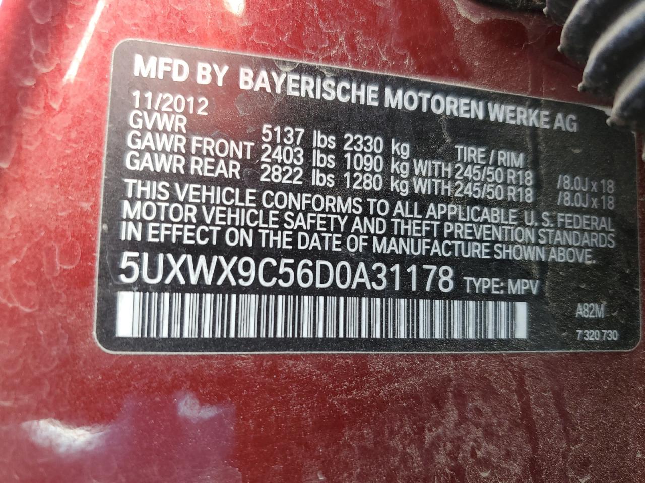 2013 BMW X3 VIN 5UXWX9C56D0A31178 Copart auction photo, front end damage thumbnail 15