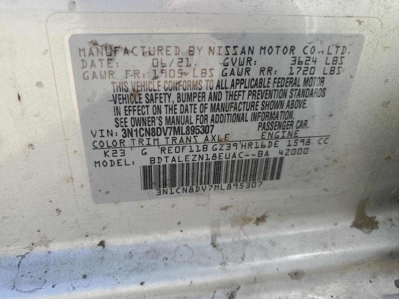 2021 Nissan Versa VIN 3N1CN8DV7ML895307 Copart auction photo, front end damage thumbnail 14