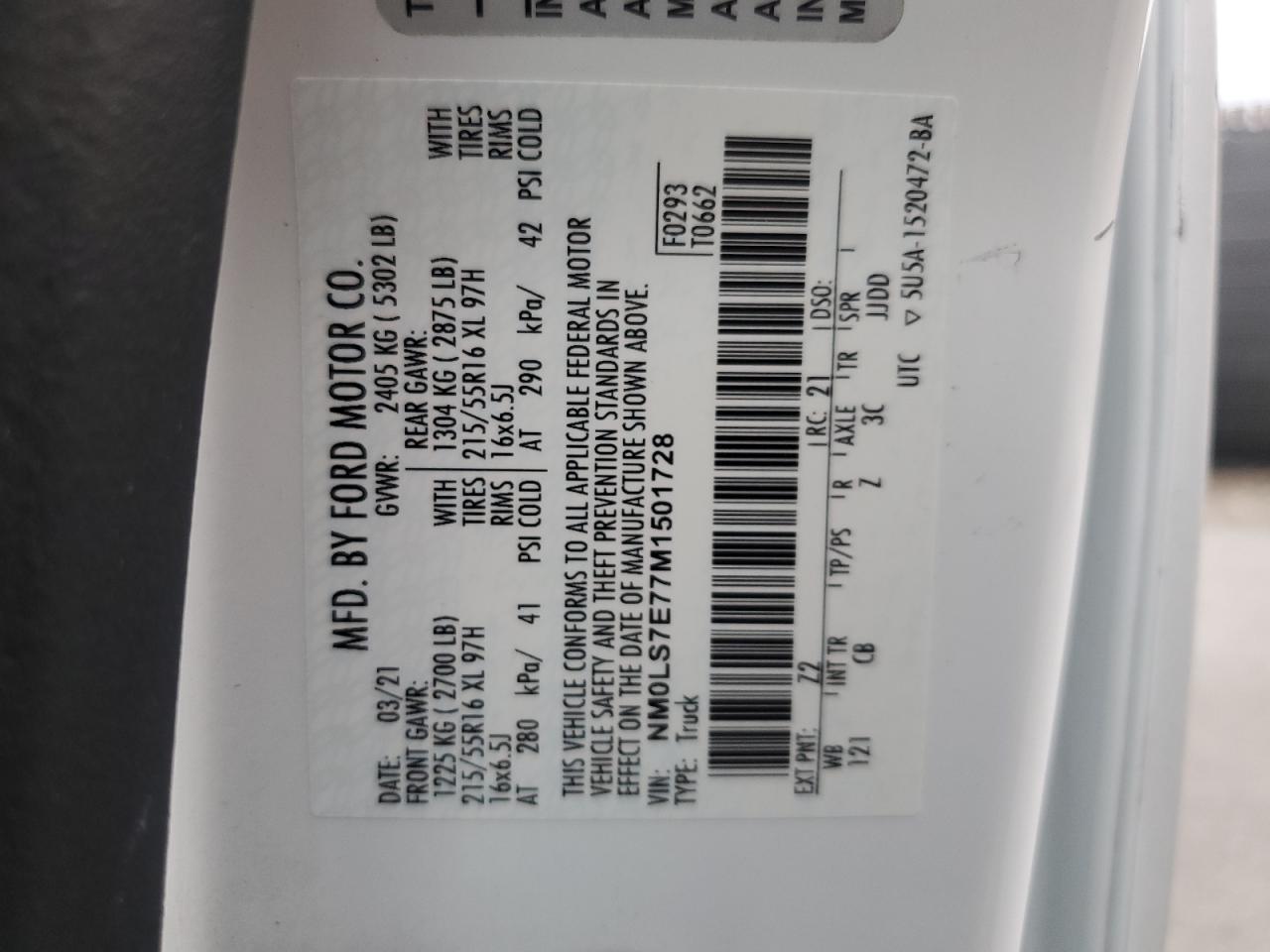 2022 Ford Transit VIN NM0LS7E77M1501728 Copart auction photo, front end / rear end damage thumbnail 15