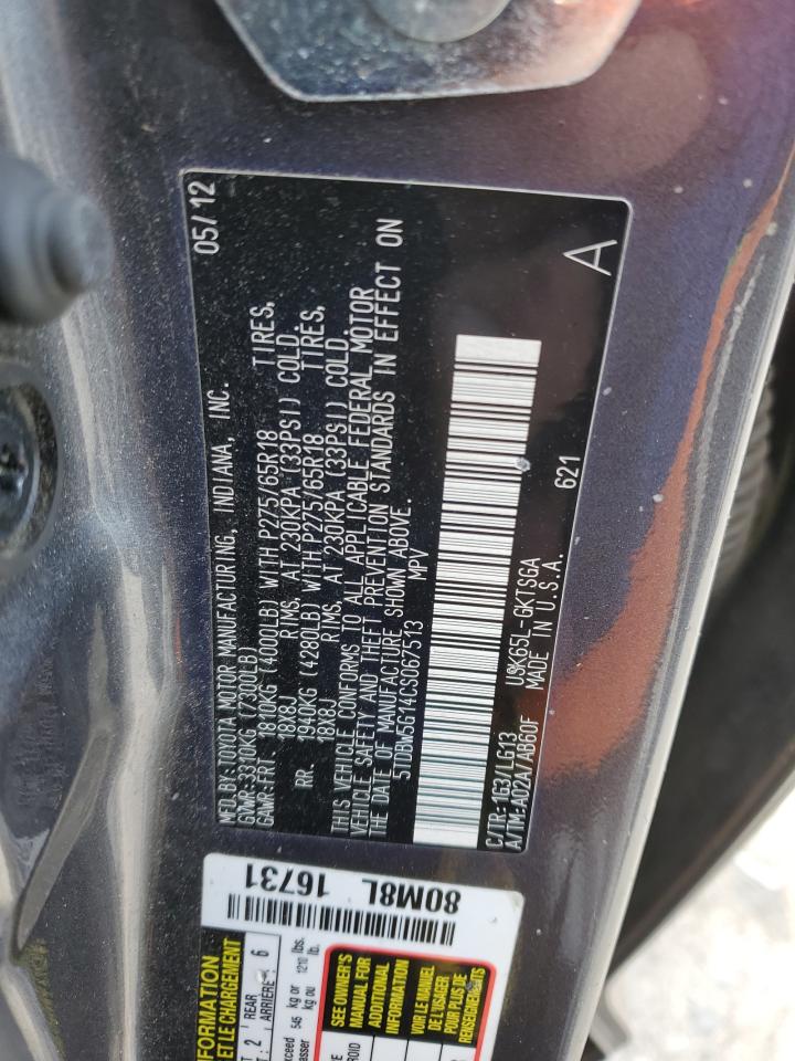 2012 Toyota Sequoia VIN 5TDBW5G14CS067513 Copart auction photo, front end / minor dent/scratches damage thumbnail 13