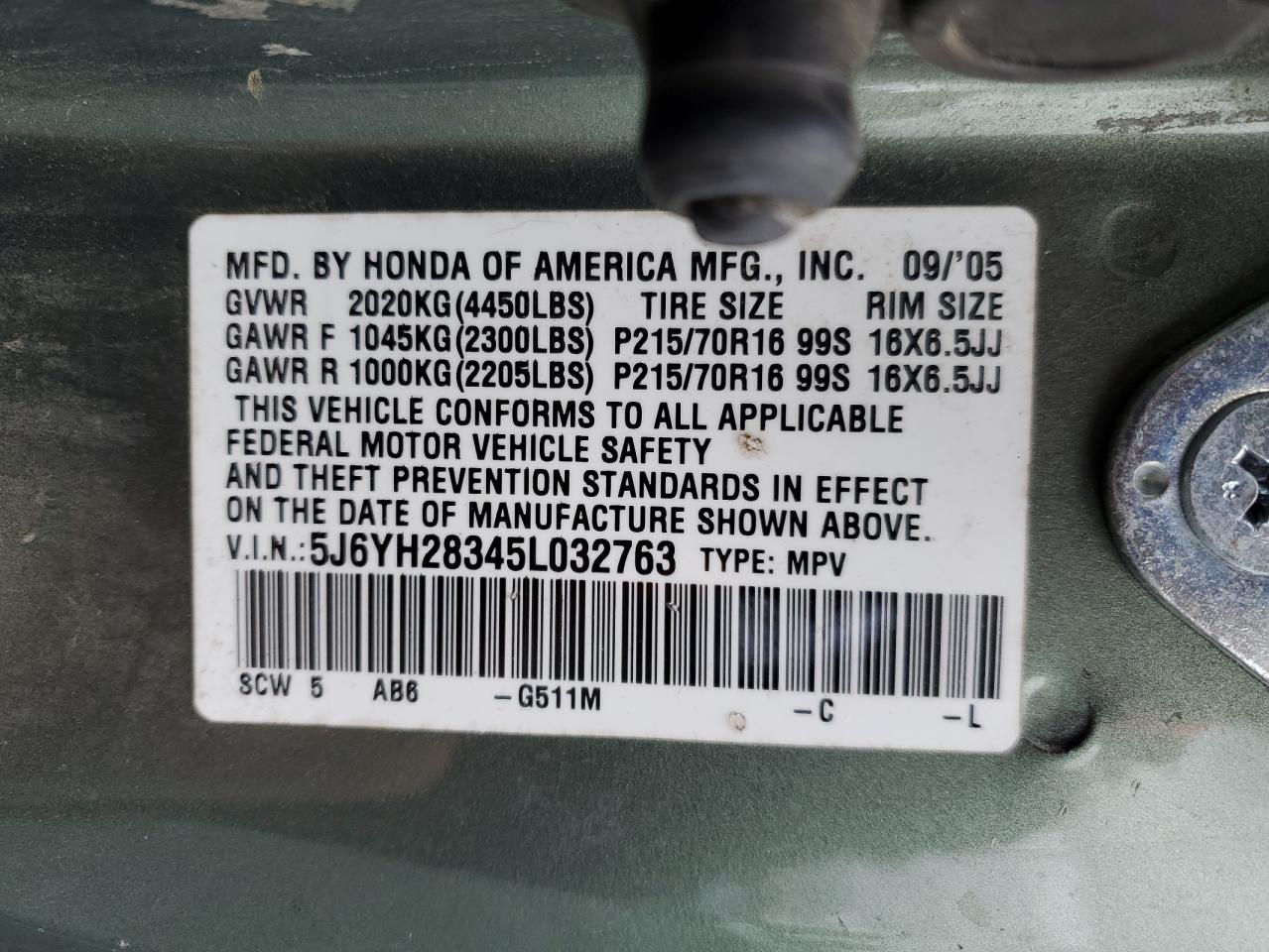 2005 Honda Element VIN 5J6YH28345L032763 Copart auction photo, front end damage thumbnail 15