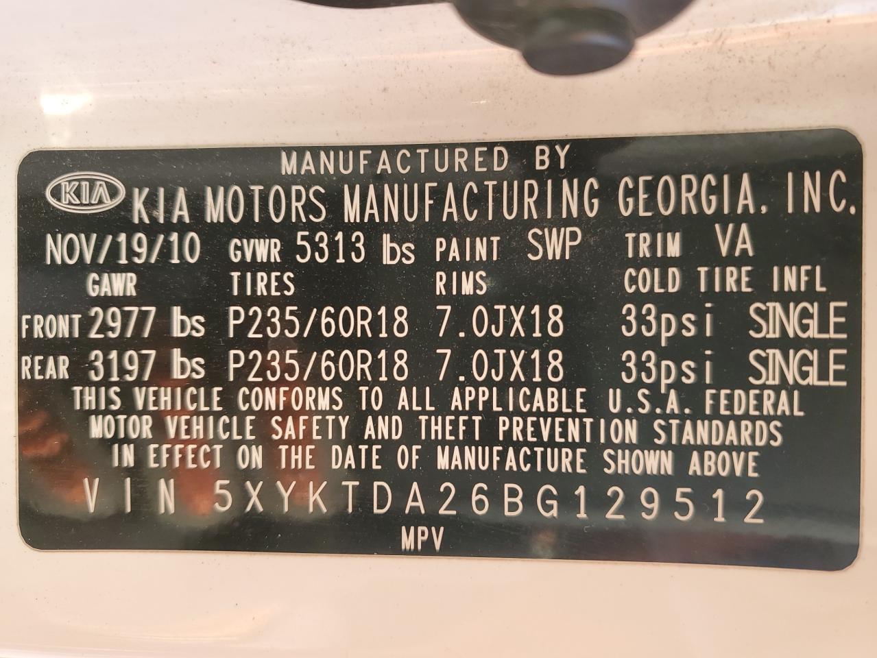 2011 KIA Sorento VIN 5XYKTDA26BG129512 Copart auction photo, front end damage thumbnail 14