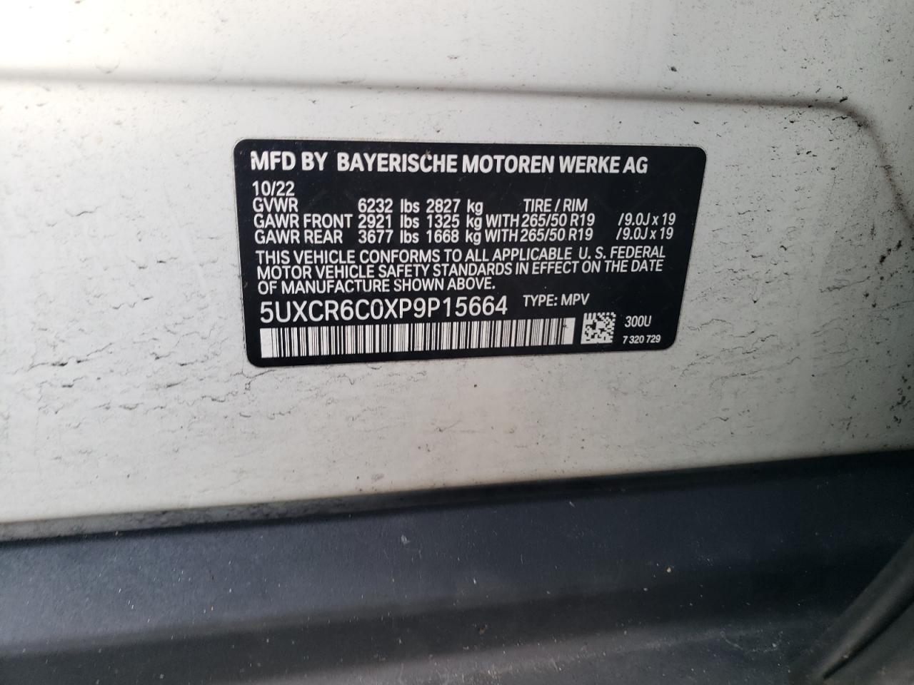 2023 BMW X5 VIN 5UXCR6C0XP9P15664 Copart auction photo, top/roof / minor dent/scratches damage thumbnail 13