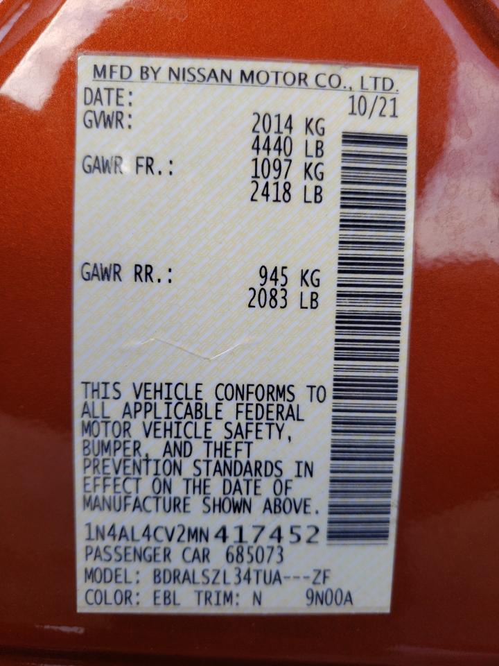 2021 Nissan Altima VIN 1N4AL4CV2MN417452 Copart auction photo, burn - interior damage thumbnail 12