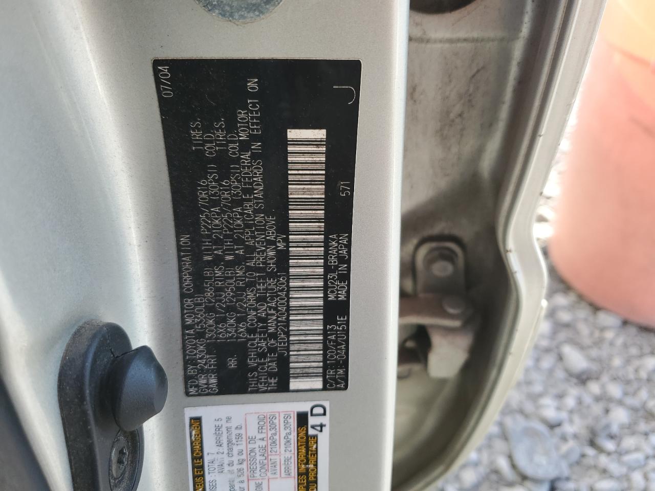 2004 Toyota Highlander VIN JTEDP21A040043061 Copart auction photo, front end damage thumbnail 15