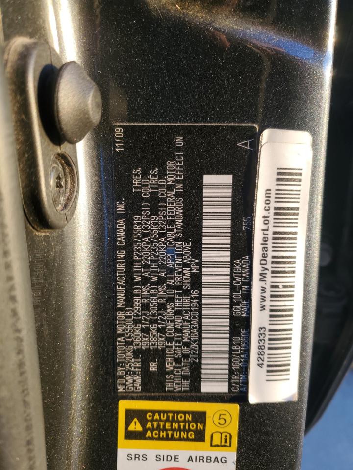 2010 Lexus RX VIN 2T2ZK1BA3AC019416 Copart auction photo, front end / rear end damage thumbnail 13
