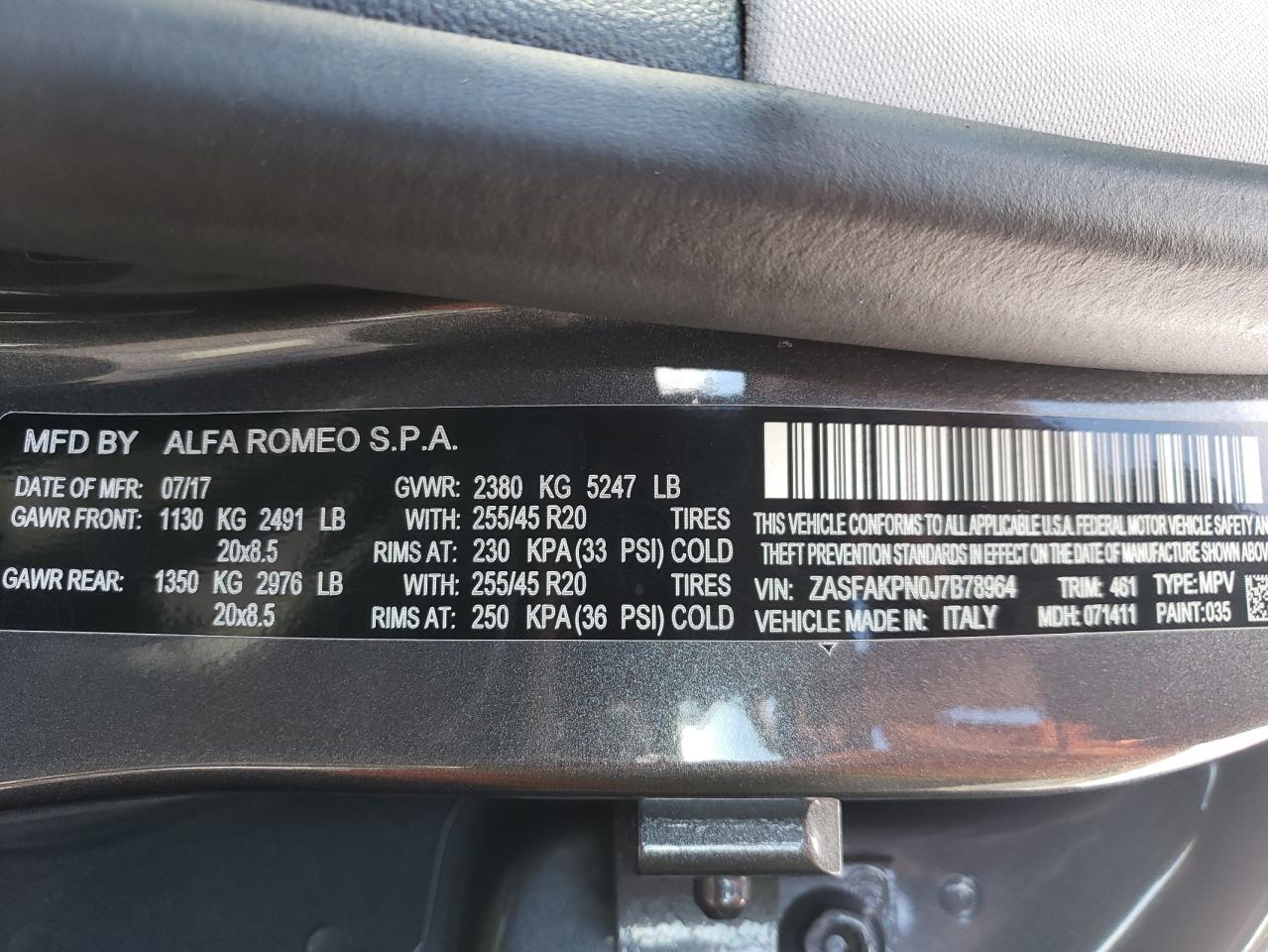 2018 Alfa Romeo Stelvio VIN ZASFAKPN0J7B78964 Copart auction photo, side / rear end damage thumbnail 13