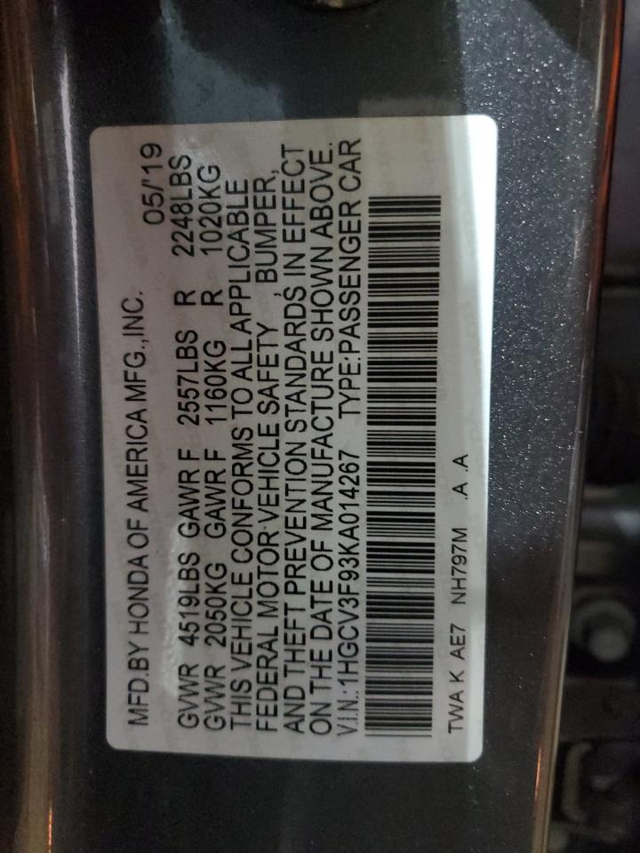 2019 Honda Accord VIN 1HGCV3F93KA014267 Copart auction photo, rear end / minor dent/scratches damage thumbnail 14