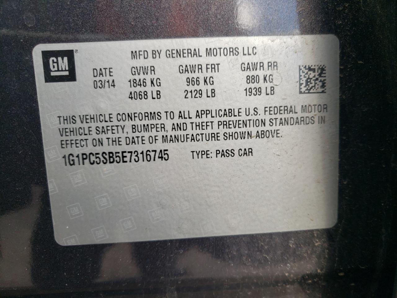 2014 Chevrolet Cruze VIN 1G1PC5SB5E7316745 Copart auction photo, front end / side damage thumbnail 12