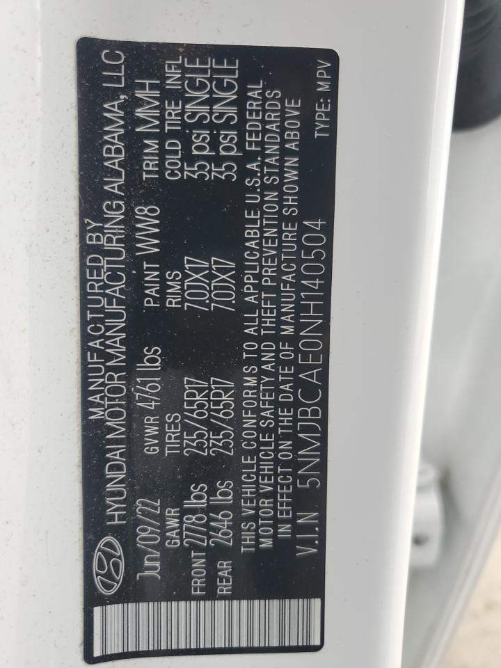 2022 Hyundai Tucson VIN 5NMJBCAE0NH140504 Copart auction photo, rear end damage thumbnail 12