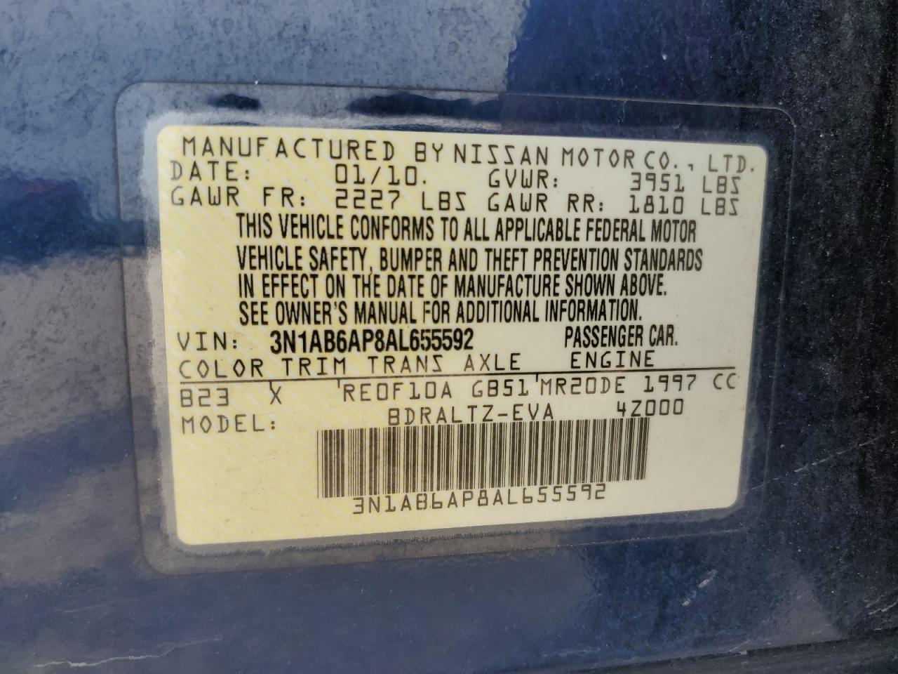 2010 Nissan Sentra VIN 3N1AB6AP8AL655592 Copart auction photo, side / undercarriage damage thumbnail 12