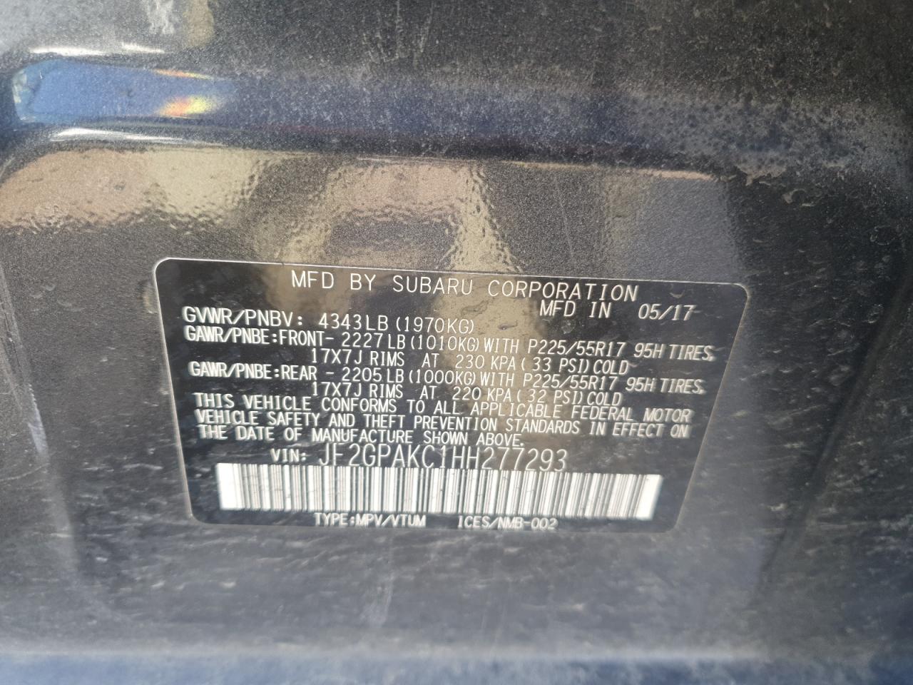 2017 Subaru XV VIN JF2GPAKC1HH277293 Copart auction photo, front end / side damage thumbnail 13