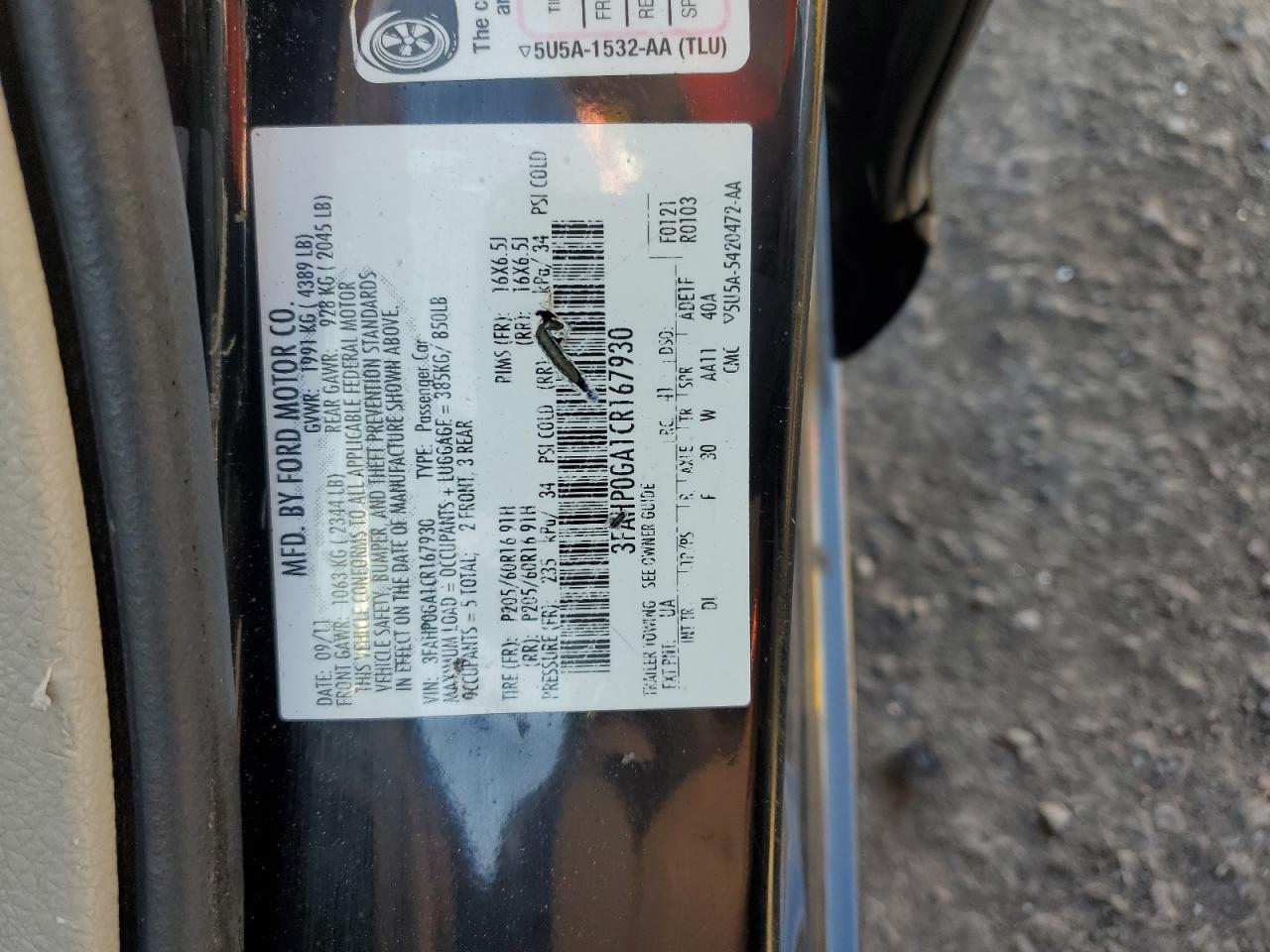 2012 Ford Fusion VIN 3FAHP0GA1CR167930 Copart auction photo, front end / minor dent/scratches damage thumbnail 12