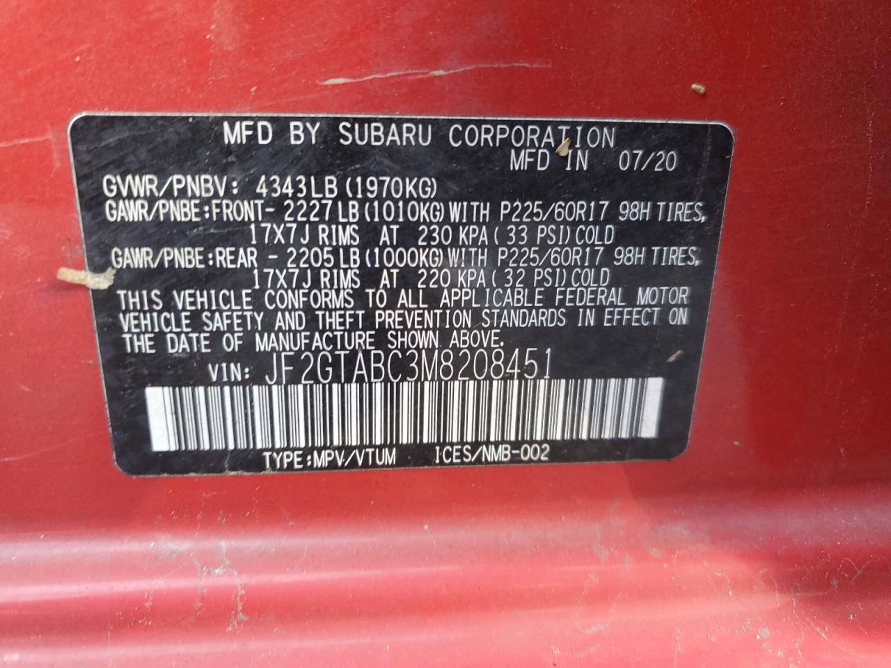 2021 Subaru XV VIN JF2GTABC3M8208451 Copart auction photo, all over / undercarriage damage thumbnail 13