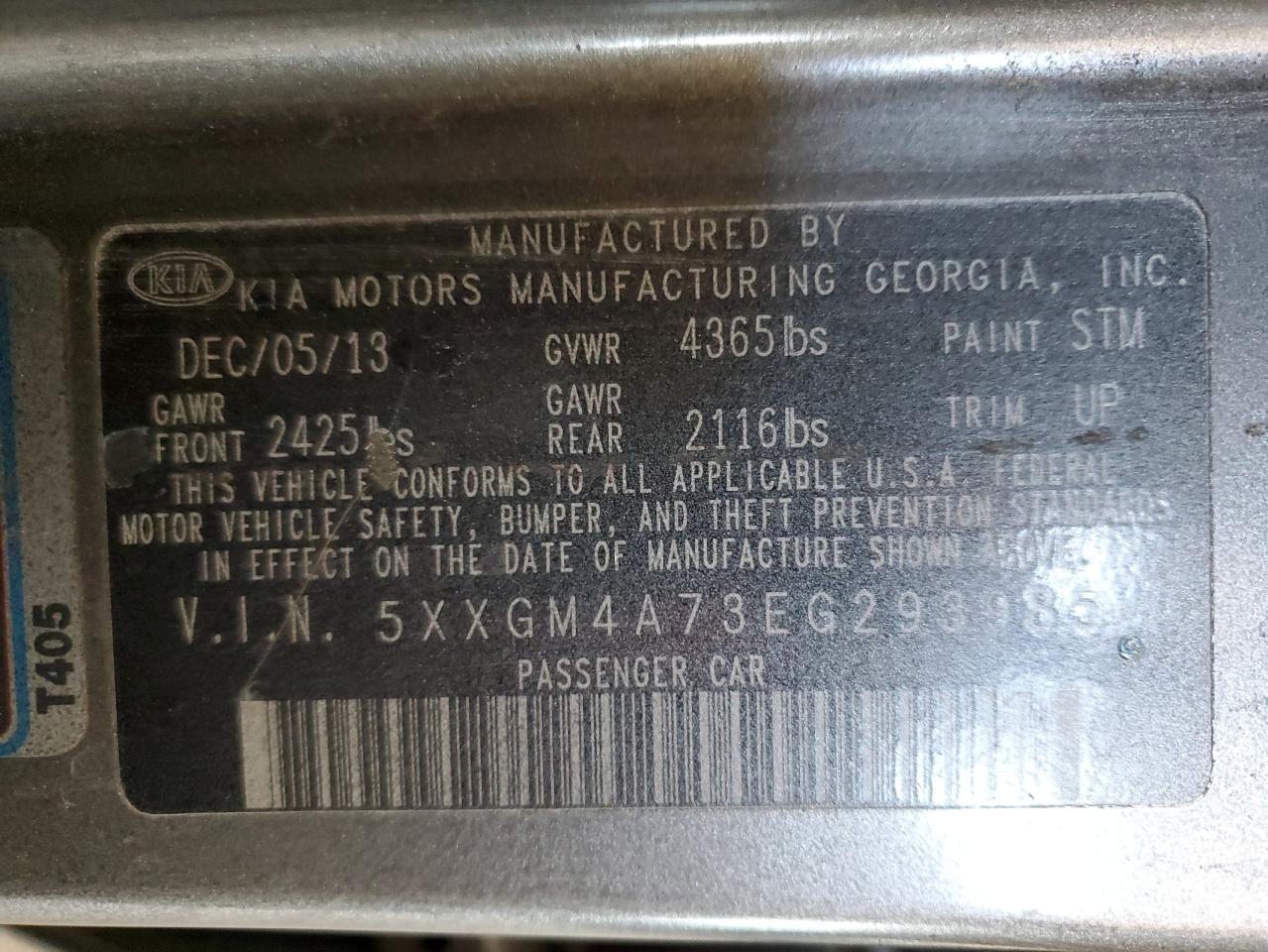 2014 KIA Optima VIN 5XXGM4A73EG293985 Copart auction photo, front end damage thumbnail 12