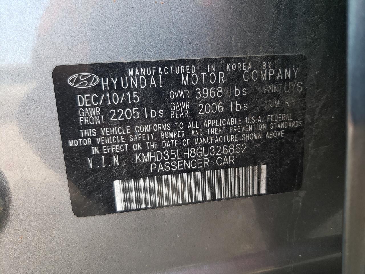 2016 Hyundai Elantra VIN KMHD35LH8GU326862 Copart auction photo, rear end / side damage thumbnail 13