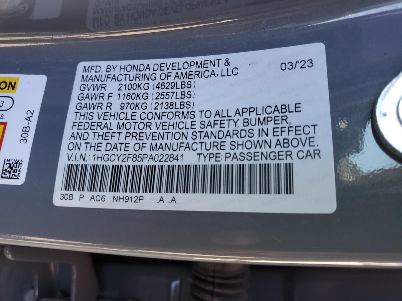 2023 Honda Accord VIN 1HGCY2F85PA022841 Copart auction photo, front end / stripped damage thumbnail 13