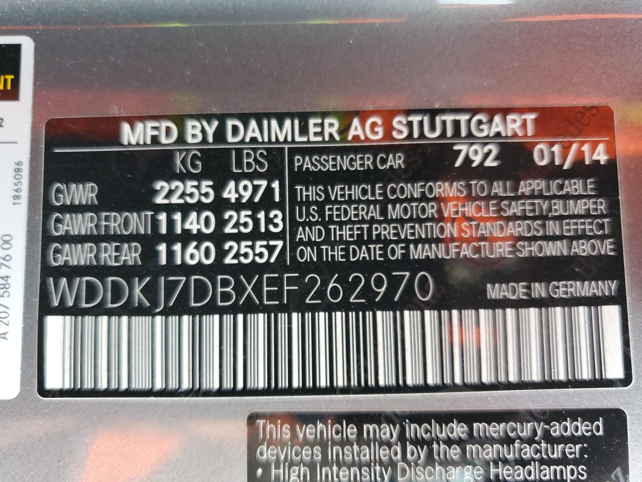 2014 Mercedes-Benz E-klasse VIN WDDKJ7DBXEF262970 Copart auction photo, front end damage thumbnail 14