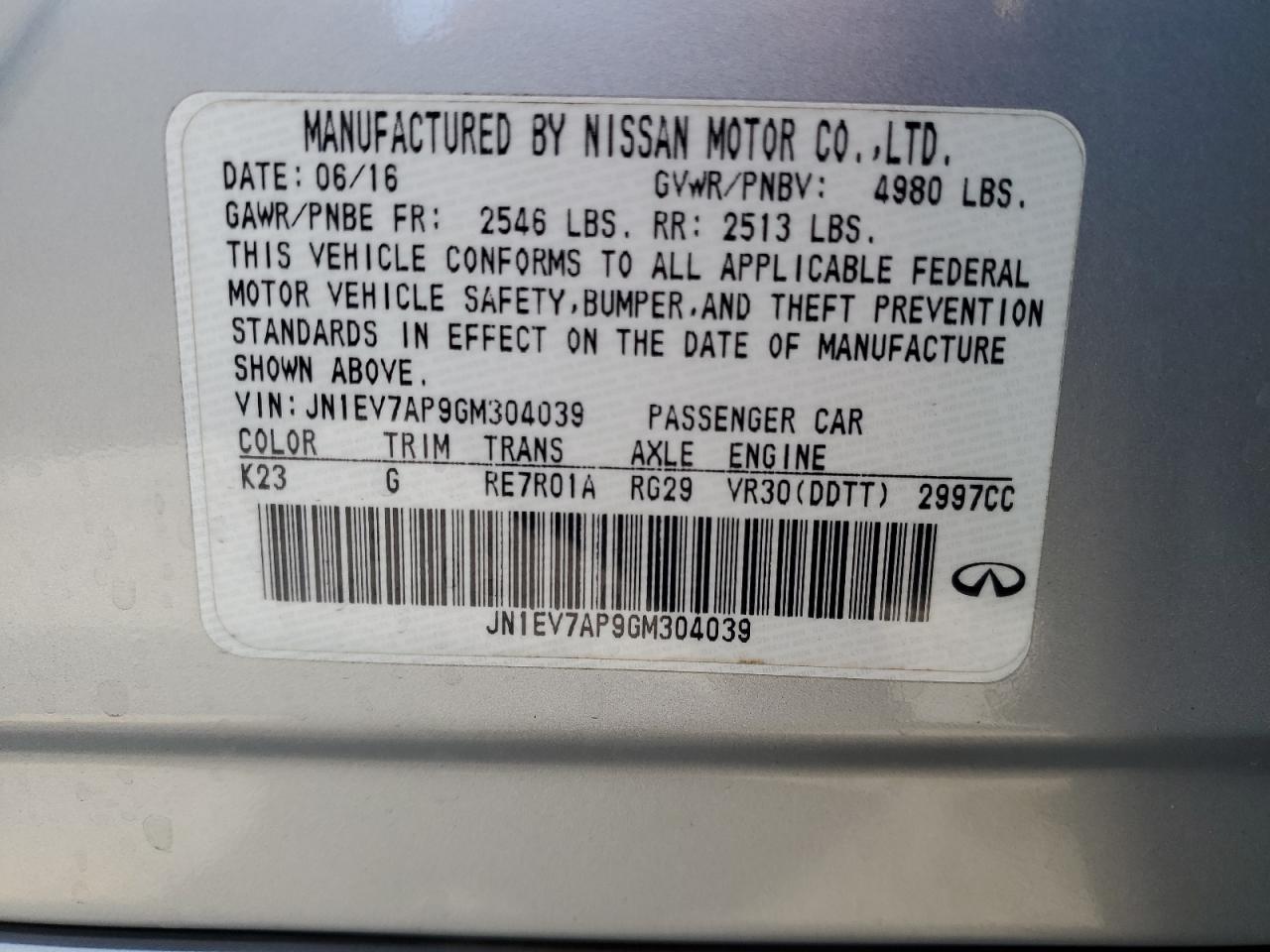 2016 Infiniti Q50 VIN JN1EV7AP9GM304039 Copart auction photo, front end / side damage thumbnail 14