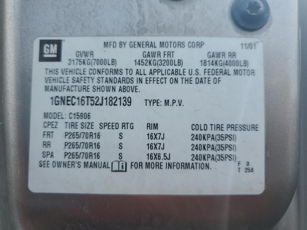 2002 Chevrolet Suburban VIN 1GNEC16T52J182139 Copart auction photo, side / front end damage thumbnail 13
