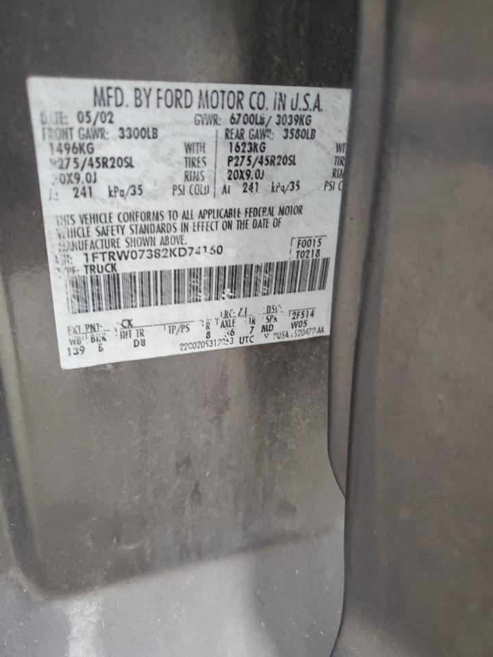 2002 Ford F-150 VIN 1FTRW07382KD74160 Copart auction photo, front end damage thumbnail 12