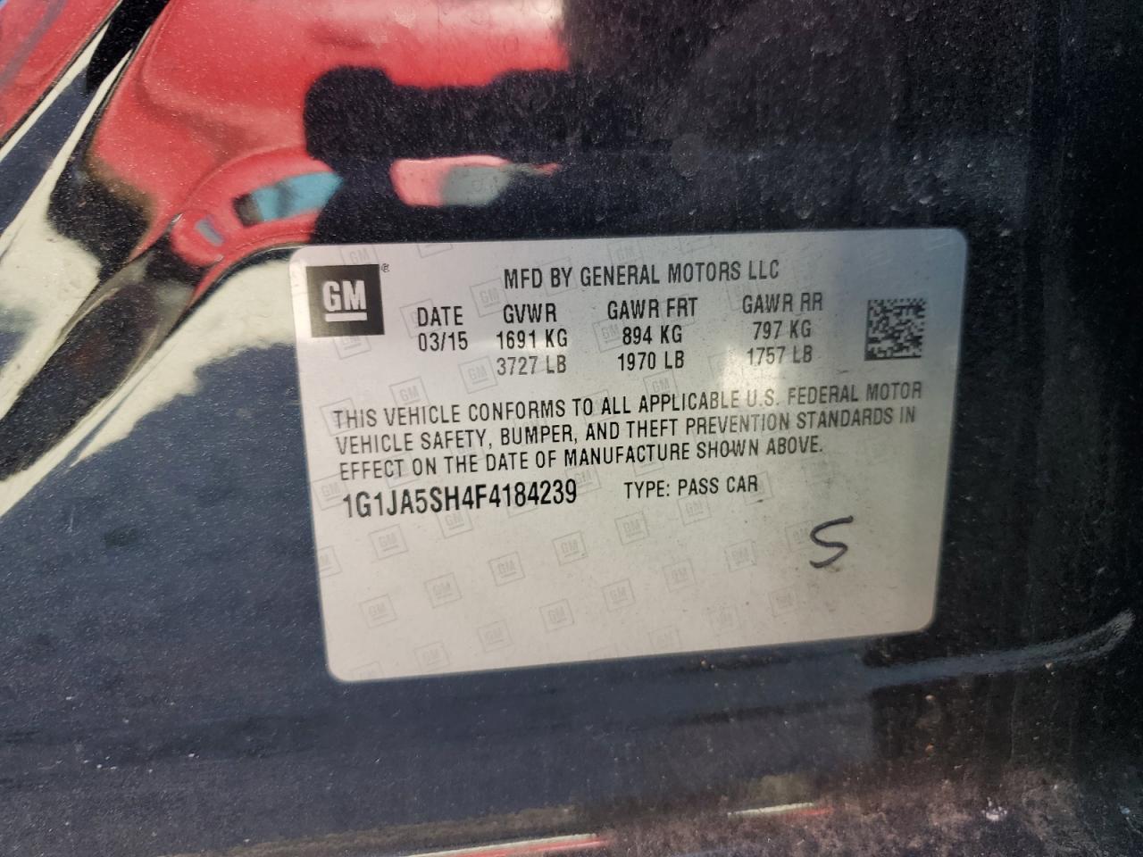 2015 Chevrolet Sonic VIN 1G1JA5SH4F4184239 Copart auction photo, rear end damage thumbnail 12