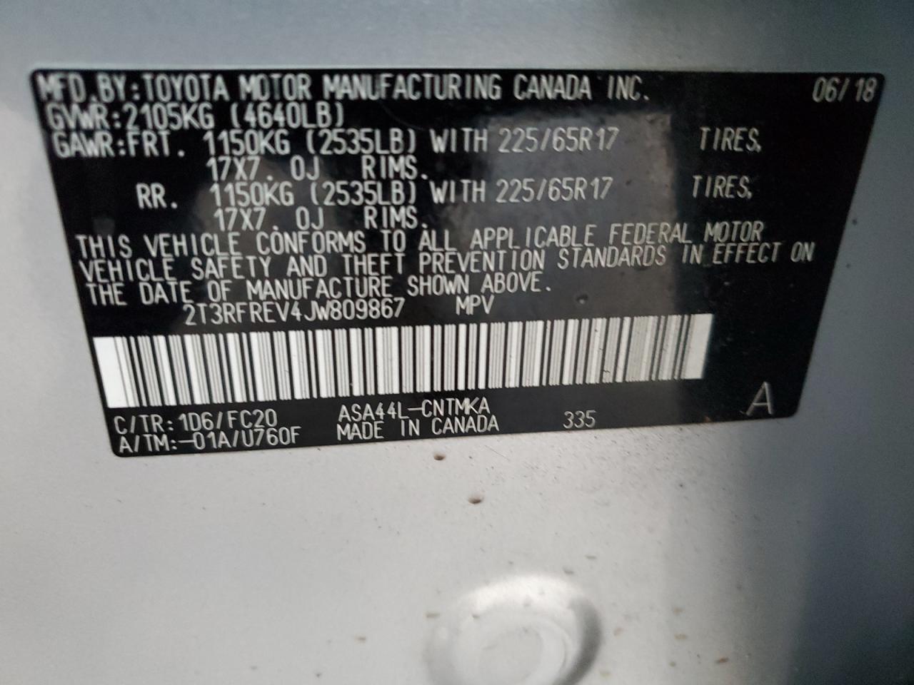 2018 Toyota RAV 4 VIN 2T3RFREV4JW809867 Copart auction photo, all over / undercarriage damage thumbnail 13