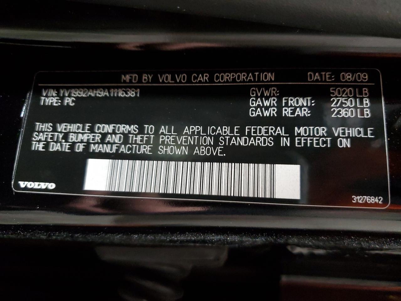 2010 Volvo S80 VIN YV1992AH9A1116381 Copart auction photo, front end / side damage thumbnail 13