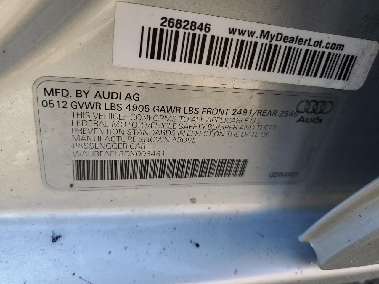 2013 Audi A4 VIN WAUBFAFL3DN006461 Copart auction photo, front end / minor dent/scratches damage thumbnail 14