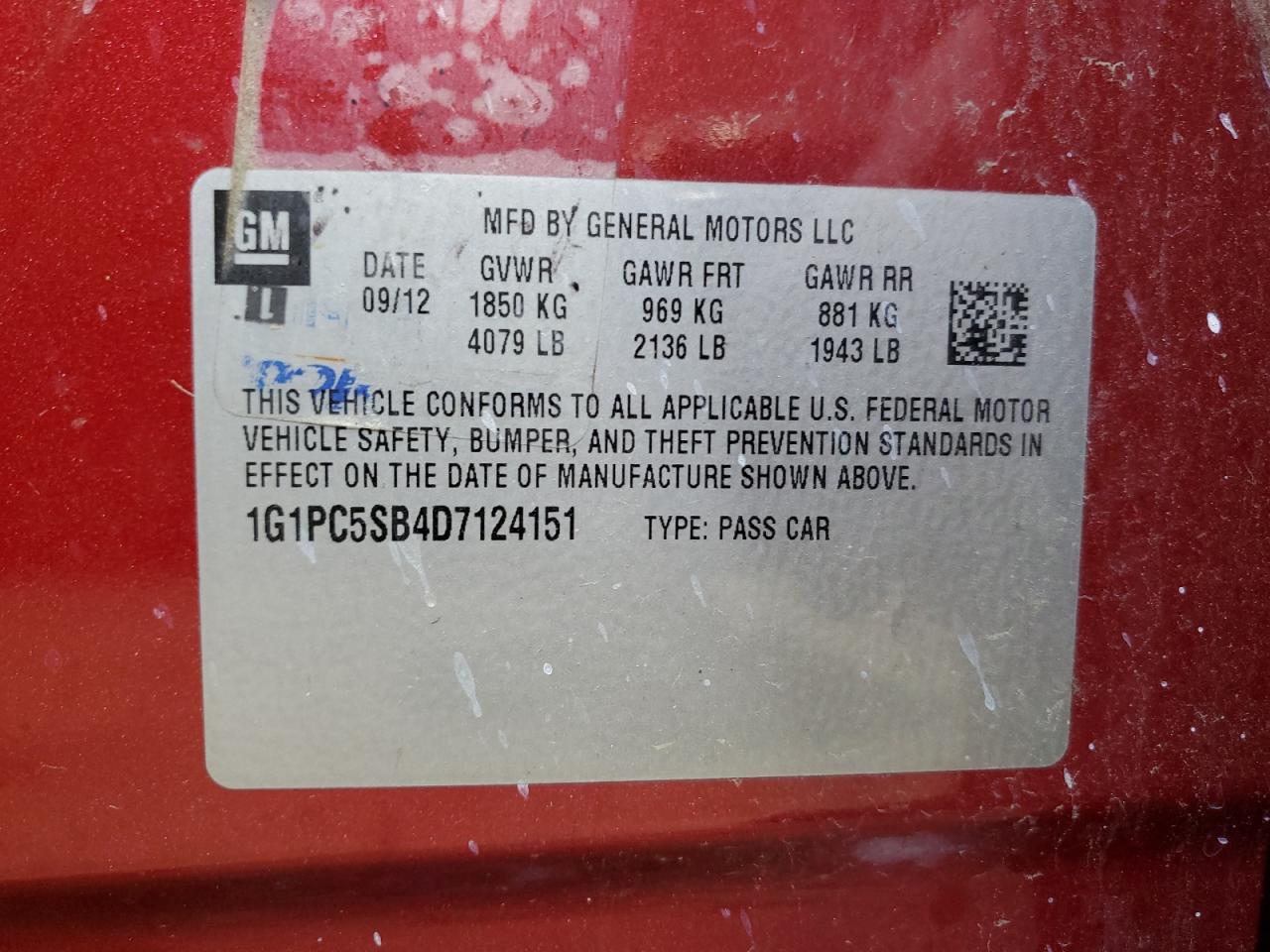 2013 Chevrolet Cruze VIN 1G1PC5SB4D7124151 Copart auction photo, mechanical / minor dent/scratches damage thumbnail 12
