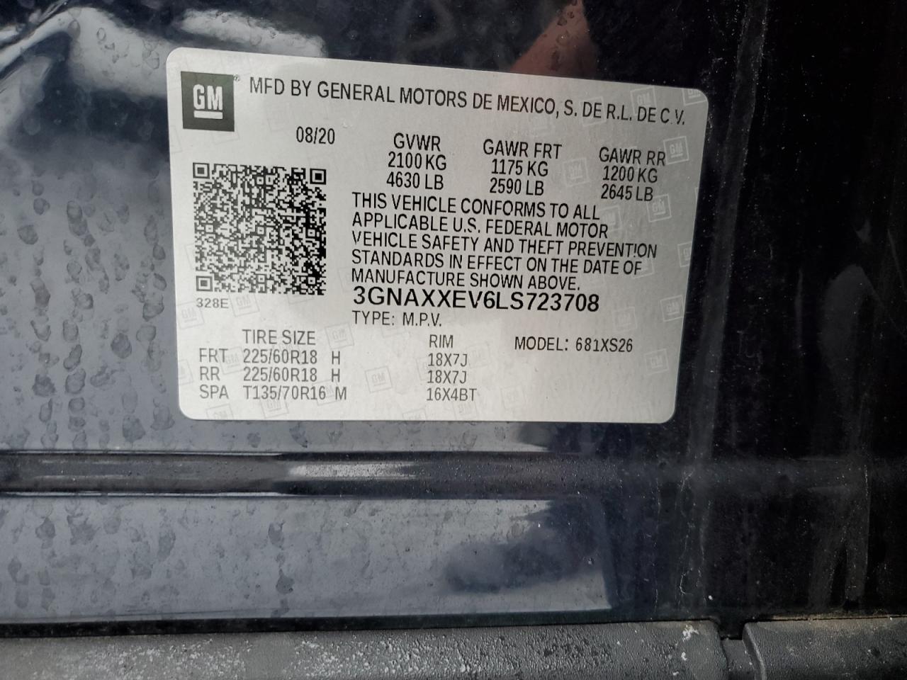 2020 Chevrolet Equinox VIN 3GNAXXEV6LS723708 Copart auction photo, rear end damage thumbnail 13