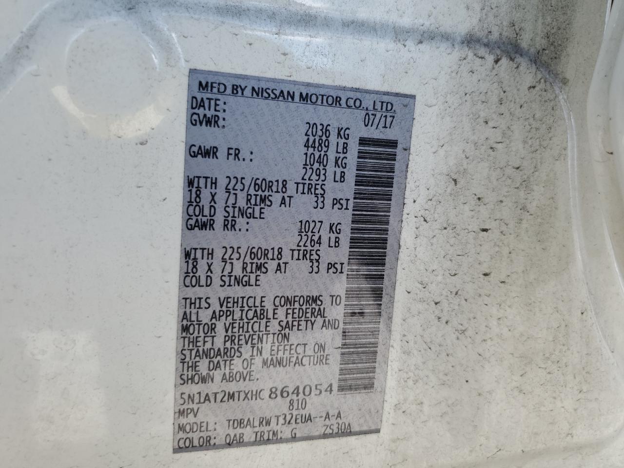 2017 Nissan Rogue VIN 5N1AT2MTXHC864054 Copart auction photo, rear end damage thumbnail 13
