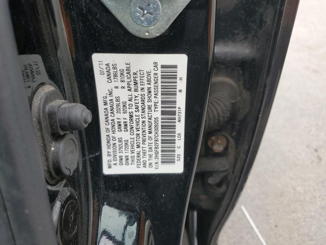 2012 Honda Civic VIN 2HGFB2F87CH309205 Copart auction photo, front end damage thumbnail 12