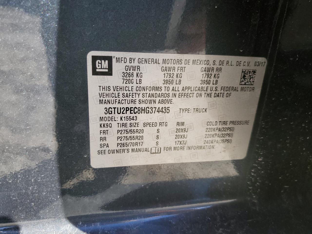 2017 GMC Sierra VIN 3GTU2PEC8HG374435 Copart auction photo, front end / undercarriage damage thumbnail 14